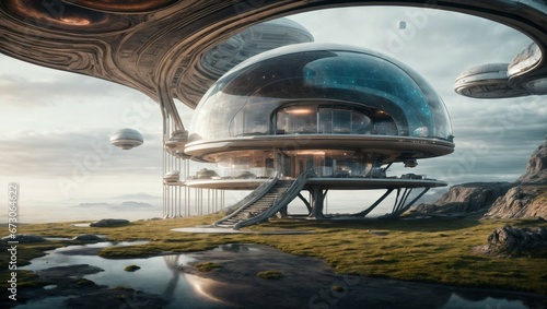 Intriguing Fusion  Futuristic House with Organic and Mechanical Elements. Generative AI.