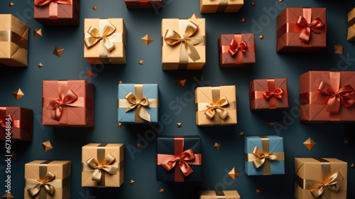 Pattern of red, blue, and craft gift boxes with golden ribbon on black festive background, top view