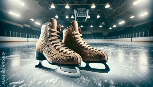 Closeup of vintage retro ice skates on ice in the skating ring, sport background, vintage equipment concept