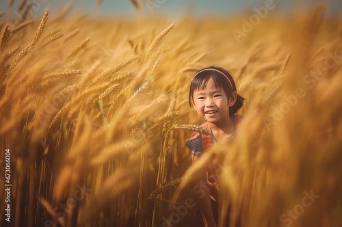 Chinese children in wheat field. Summer kid face outdoor happy. Generate Ai