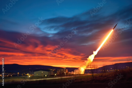 Strategic Defense, Missile Launch from Urban Center at Dusk photo