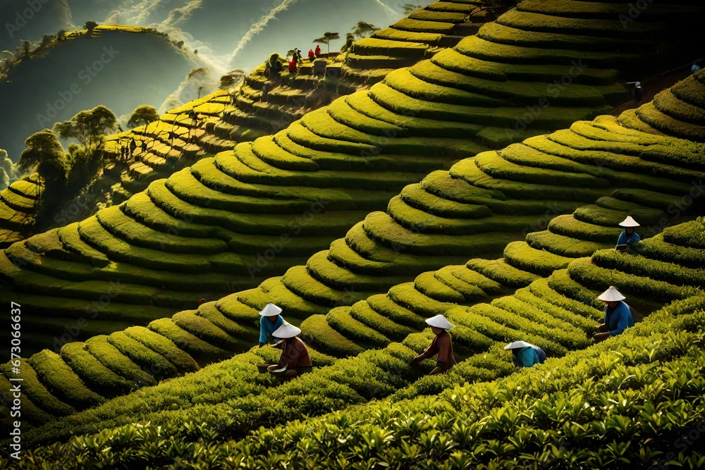 Fototapeta premium A picturesque tea plantation on a terraced hillside, with workers carefully plucking tea leaves during a precise and time-honored harvest. --ar