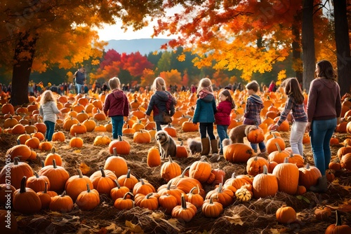 A vibrant pumpkin patch with families, children, and pets gathering pumpkins amid the colorful autumn foliage, capturing the essence of a harvest festival. --ar © ZeSHAN