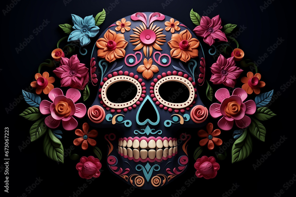 3d illustration of skull with floral ornament on black background. Sugar Skull (Calavera) celebrating Mexico's Day of the Dead (Dia de Los Muertos) colorful floral illustration 3d illustration of skull with floral ornament on black background. Sugar Skull (Calavera) celebrating Mexico's Day of the Dead (Dia de Los Muertos) colorful floral illustration