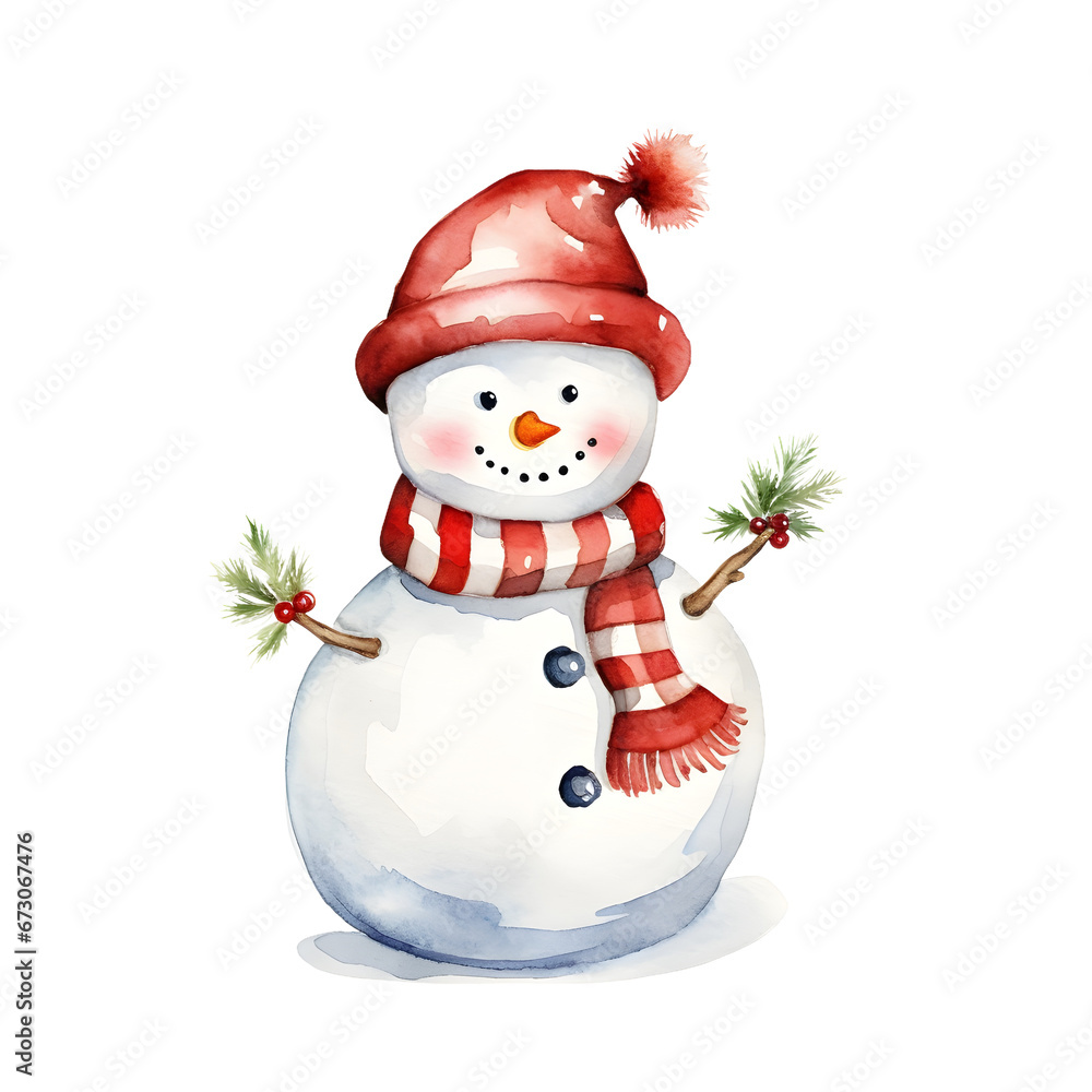 watercolor snowman isolated on transparent background