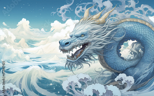 Chinese dragon illustration in the sea created with Generative AI tecnology.