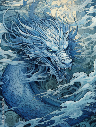 Chinese dragon illustration in the sea,created with Generative AI tecnology.