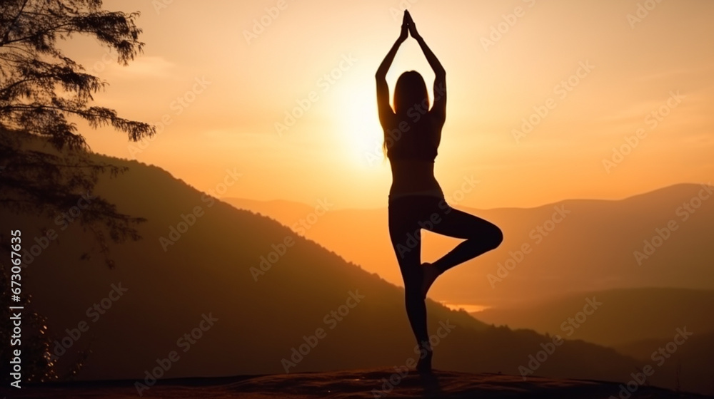 Healthy active woman Exercising practice Yoga in Mountain Sunset: Full-Length Silhouette people Stretching in Sky. Generative AI