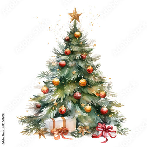 watercolor christmas tree with gifts on transparent background