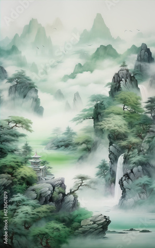 Chinese style landscape painting created with Generative AI tecnology.