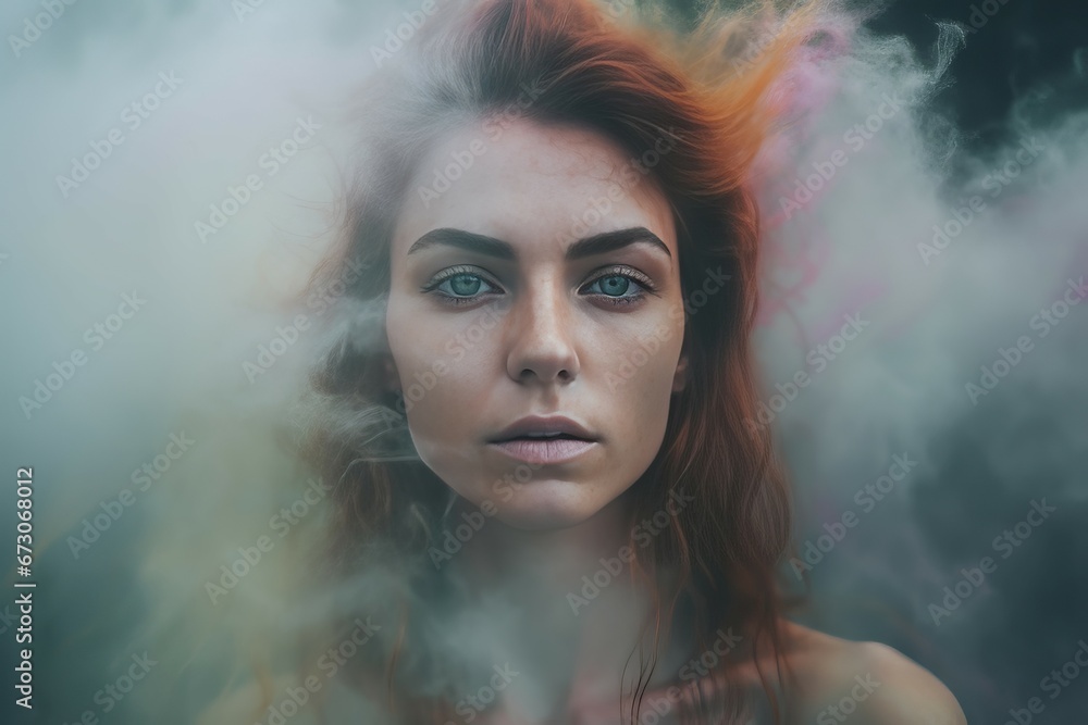 Woman in smoke portrait. Female beautiful young face person. Generate Ai