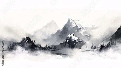 Chinese style ink landscape scenery, Zen artistic conception ink blurred landscape painting © lin
