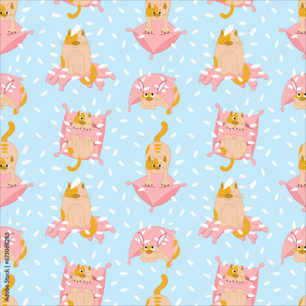 A cute cat tore a pillow with feathers. Damage to the interior of the house by animals. Seamless illustration. Design of fabric, paper or wallpaper A cute cat tore a pillow with feathers. Damage to the interior of the house by animals. Seamless illustration. Design of fabric, paper or wallpaper