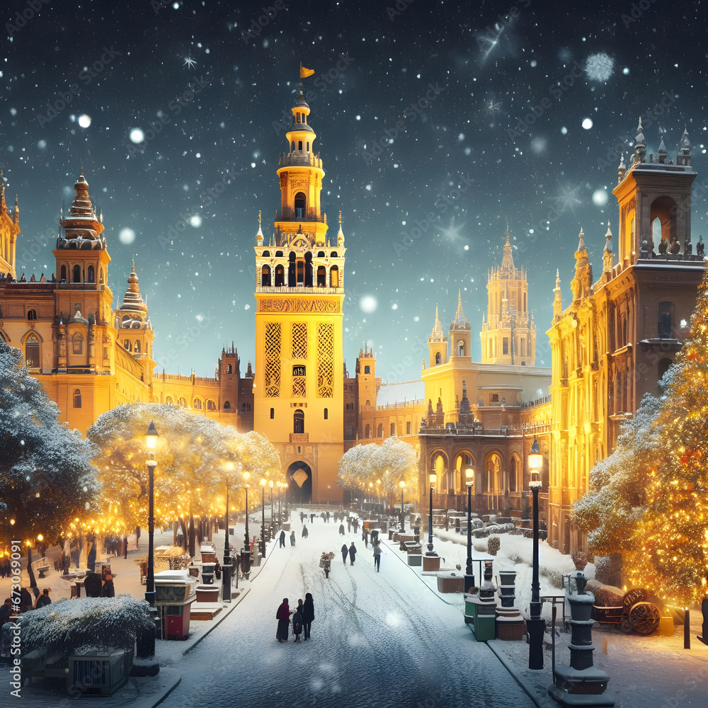 Obraz premium La Giralda de Sevilla nevada, decoración e iluminación de Navidad