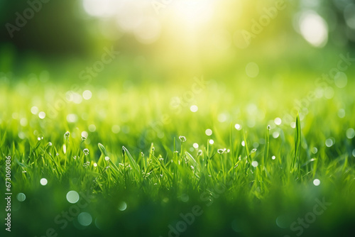 lawn grass, bokeh. generative ai. green fresh grass and drops of dew 