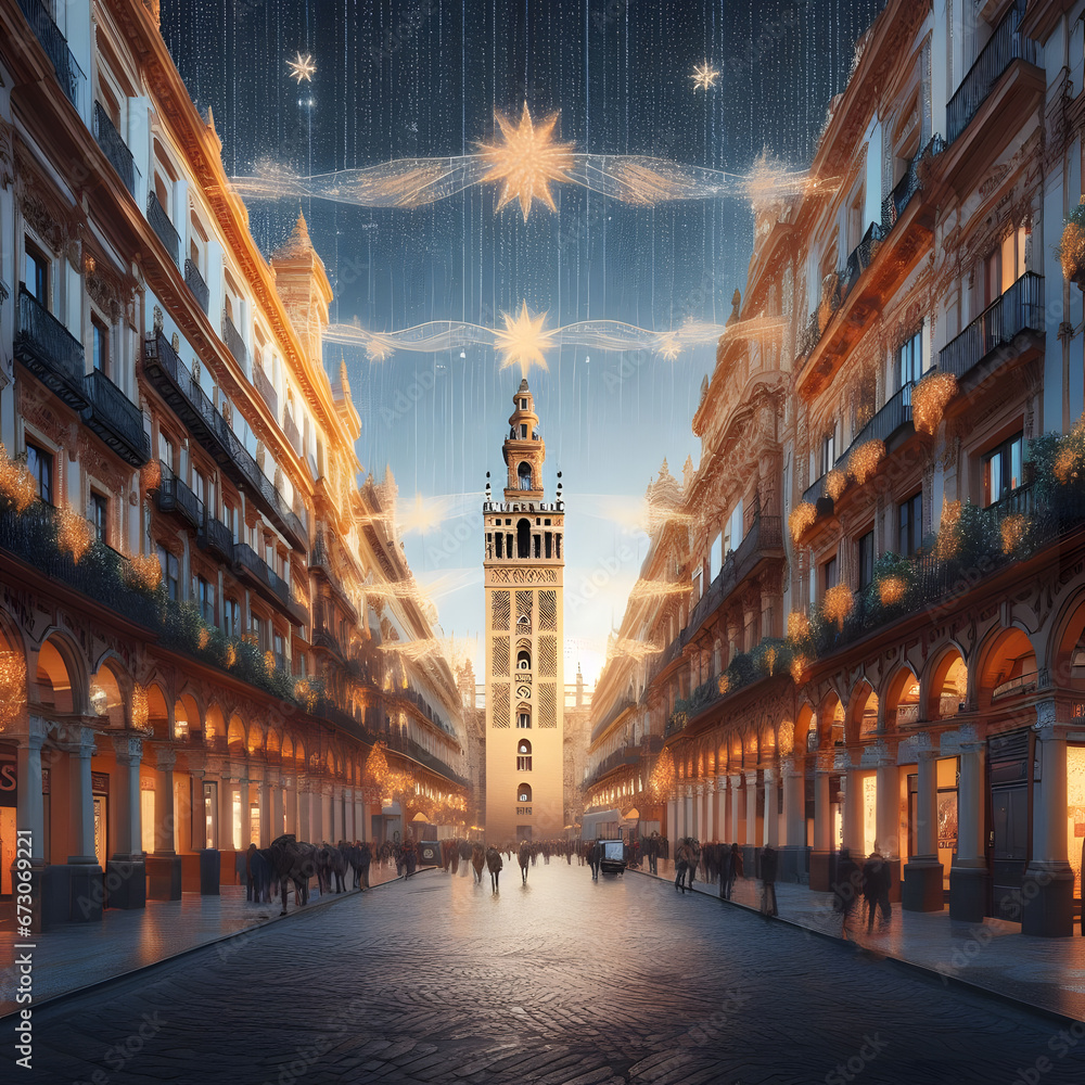 Fototapeta premium Calle de Sevilla con decoración e iluminación navideña, Giralda