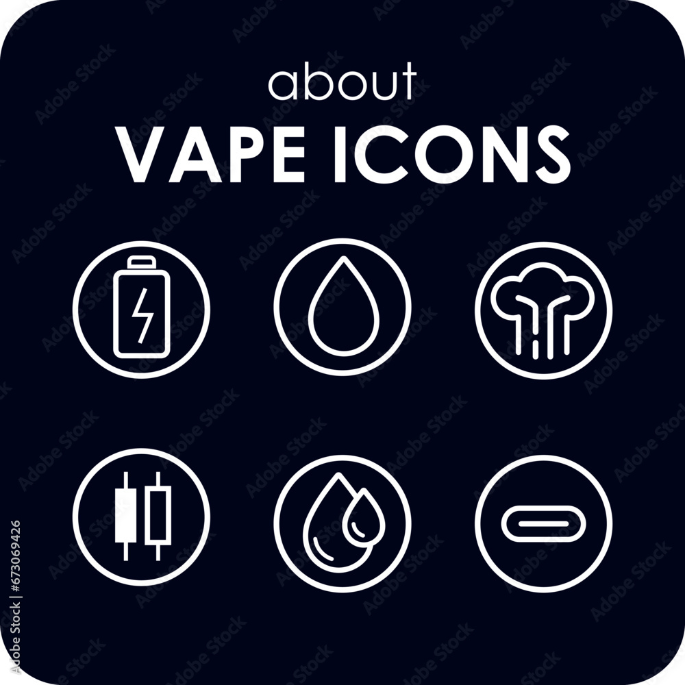 Vaping accessories line vector illustration. Vape icons set. Electronic cigarette sign. Vaping accessories line vector illustration. Vape icons set. Electronic cigarette sign.