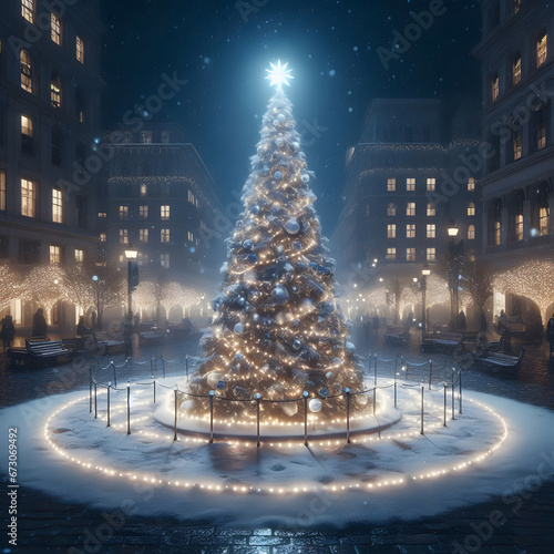 Arbol de navidad nevado, decorado con luces de navidad doradas photo