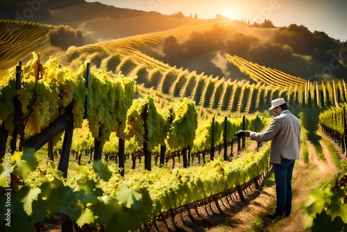 A picturesque vineyard on a hillside, with a winemaker examining clusters of grapes, checking for ripeness and quality during the harvest. --ar photo