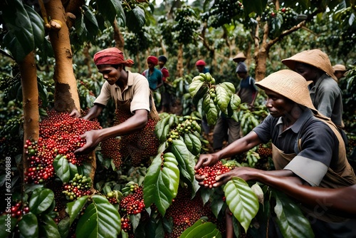 A bustling coffee plantation with workers hand-picking coffee cherries, showcasing the meticulous process of harvesting coffee beans. --ar