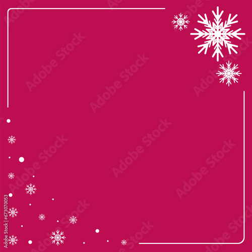 White frame, border from snowflakes on pink background, with place for text. Vector illustration. Decorative detail design, classic rectangle corner, page, paper for book, card, certificate.