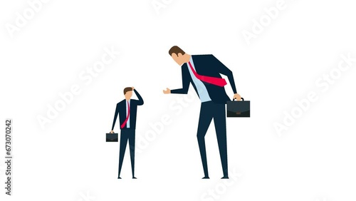 Animation of Big boss businessman yelling at a dejected, underperforming employee and filled with rage and frustration. photo