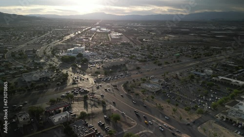 High wide aerial over Henderson Nevada busy suburbs at sunset photo