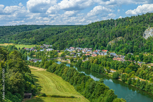 Der Naturpark Altmühltal bei Essing in Niederbayern von oben, Blick auf die Holzbrücke Tatzelwurm über den Main-Donau-Kanal photo