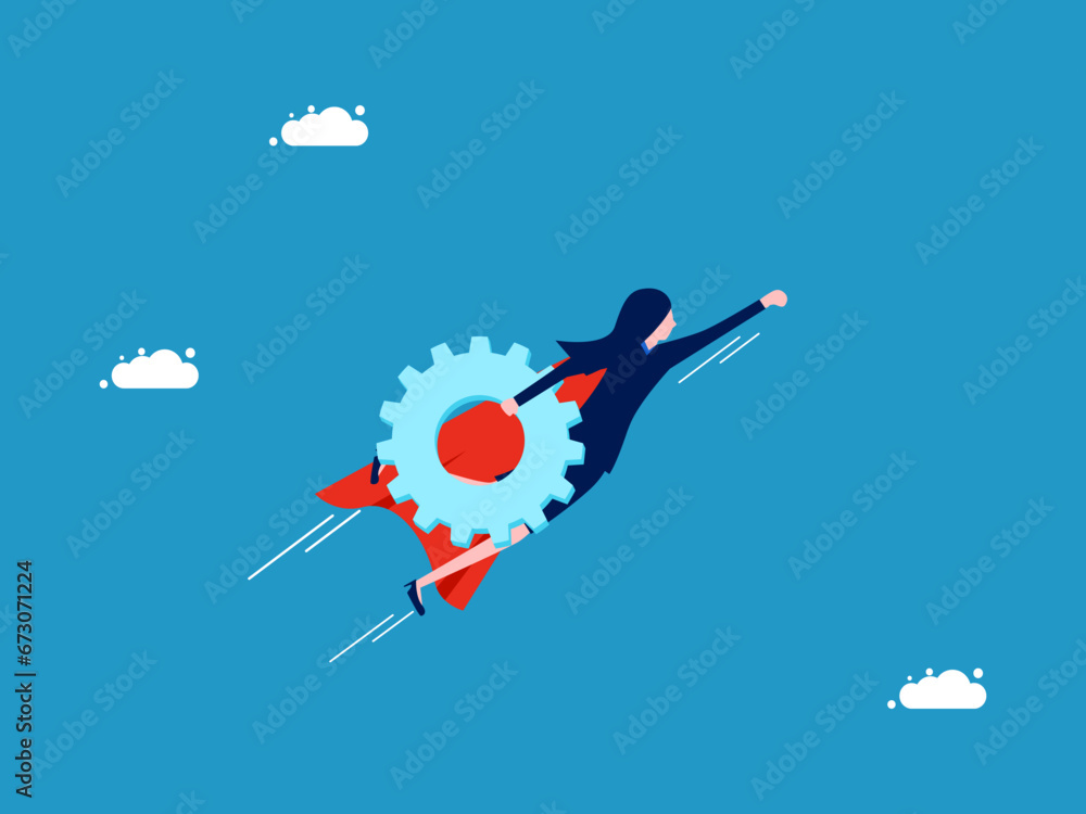 Business mechanics. Businesswoman hero flies in the sky with gears. Vector