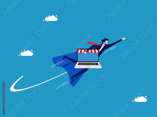 Save the business. Businessman hero flying in the sky with online business. Vector