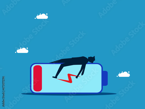 Running out of energy at work. Businessman lying on low battery vector