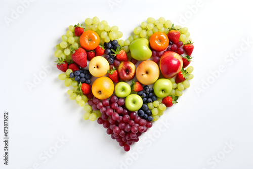 Fresh Fruits heart shape, Colorful Fruit, Fruit on white background