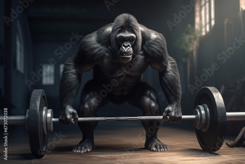 Gorilla man with gym barbell. Sport art strong animal training. Generate Ai