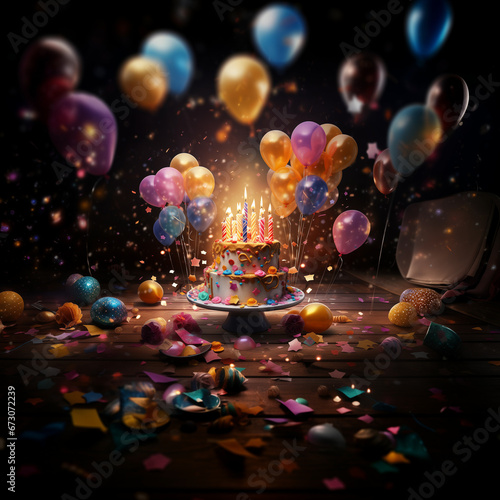 Kartka urodzinowa, tort, balony z życzeniami. Ai generative