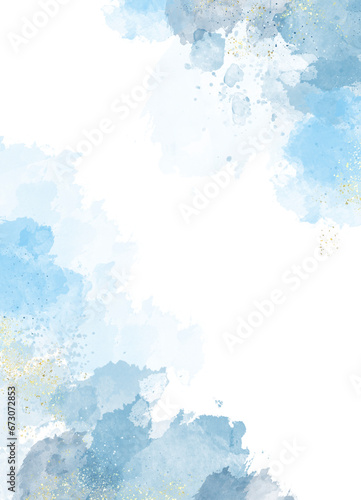 Abstract watercolor or alcohol ink art blue background with golden crackers. Pastel blue marble drawing effect. llustration design template for wedding invitation,decoration, banner, background. Png 