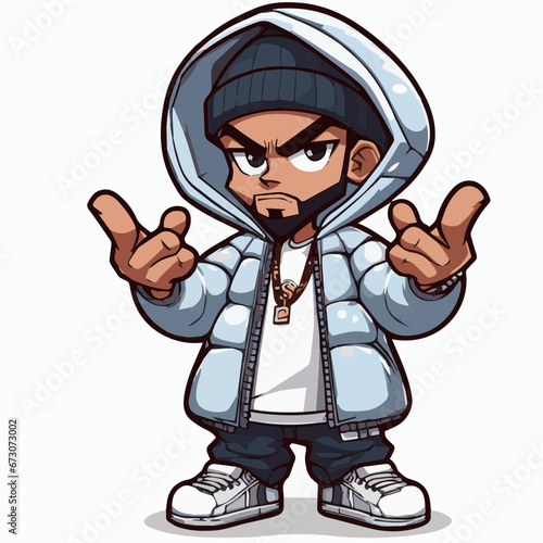 boondocks style cartoon gangster rapper with urban style bubble coat clipart vector white background