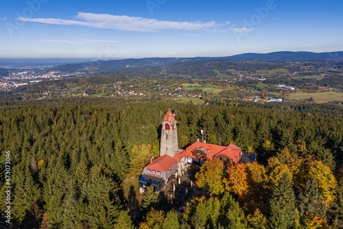 Outlook tower in Cerna Studnice, aerial shot photo