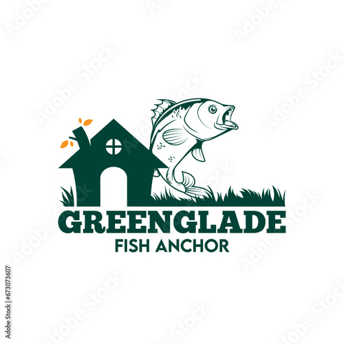 Jumping fish logo with cabin lodge in vector