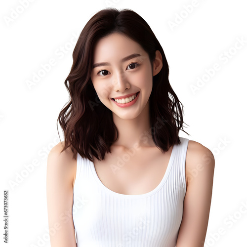 A young Korean woman with a sweet smile and clean teeth. Transparent background. PNG