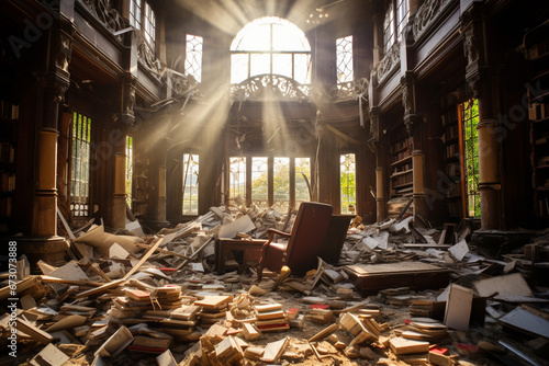 大量の本が散らばった図書館の廃墟
