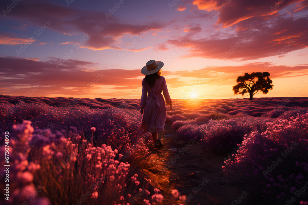 Obraz premium Person walking through the lavender field.