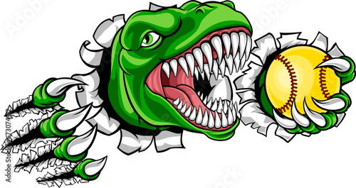A dionosaur animal softball sports team cartoon mascot