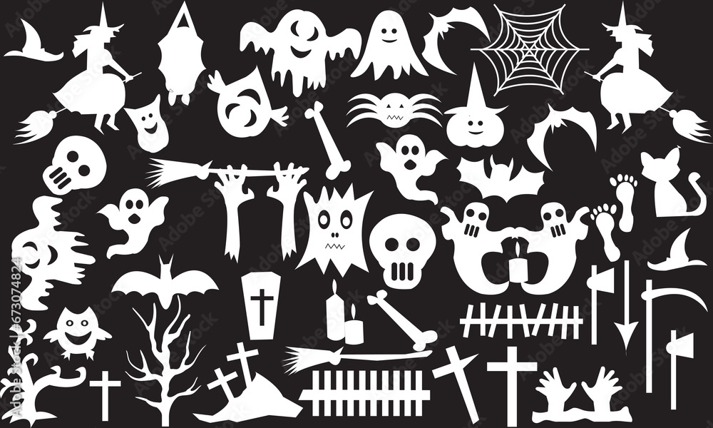 Set of silhouettes of Halloween on a black background.