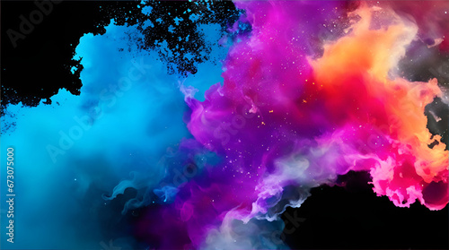 Splash of color paint. This image is a close-up of a colorful cloud of smoke on a black background. The smoke is made up of a variety of colors. The smoke is swirling and moving