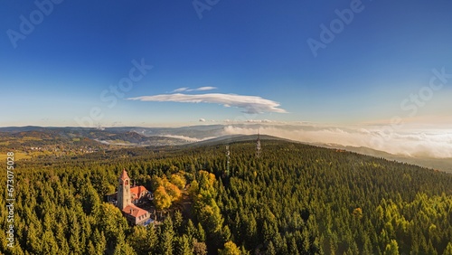 Outlook tower in Cerna Studnice, aerial shot photo