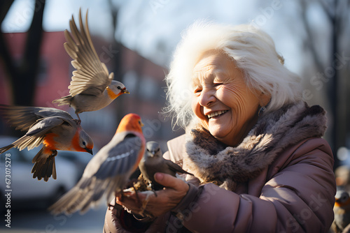 Elderly woman feeding group of birds in the park. photo
