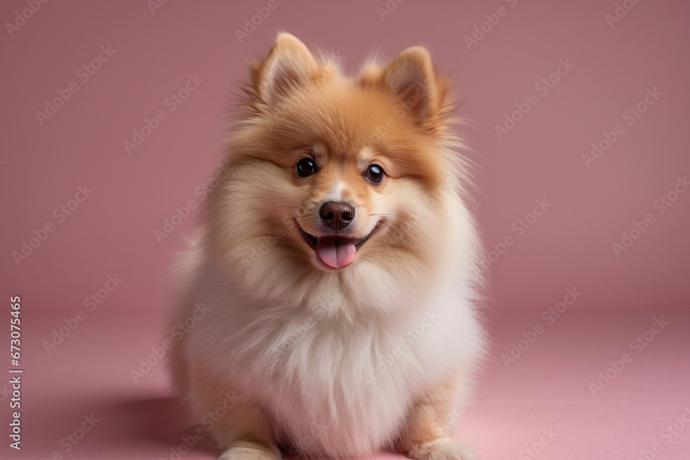 Adorable Spitz dog on a pink background