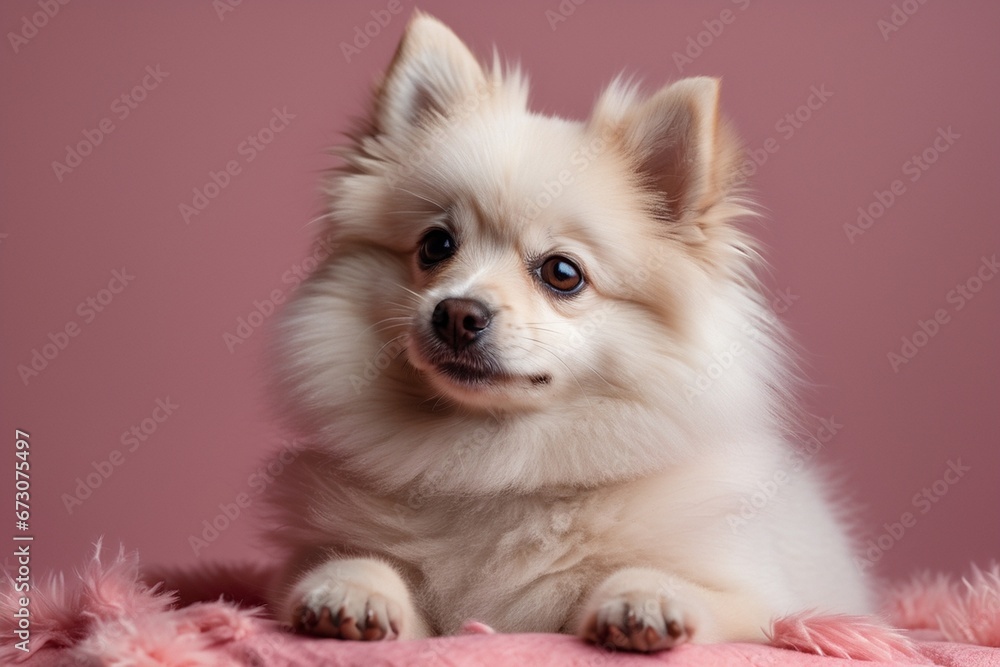 Spitz dog, pensive look, back pink monochrome background
