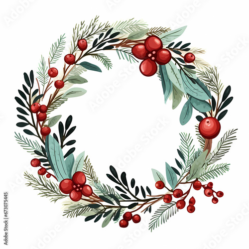 Watercolour Christmas flower wreath isolated on white background in boho style