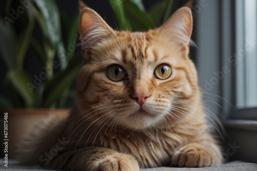 Close-up of cute kitty, surprised ginger cat looking at the camera